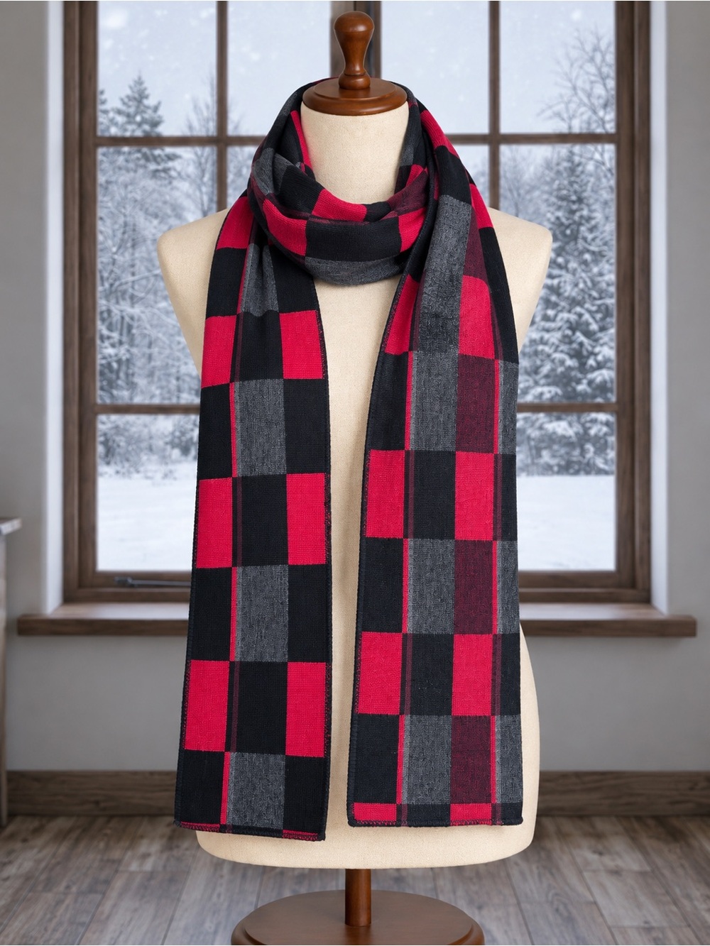 Vintage Vincent Plaid Scarf Black Red Gray Wool Blend Made in Quebec Canada